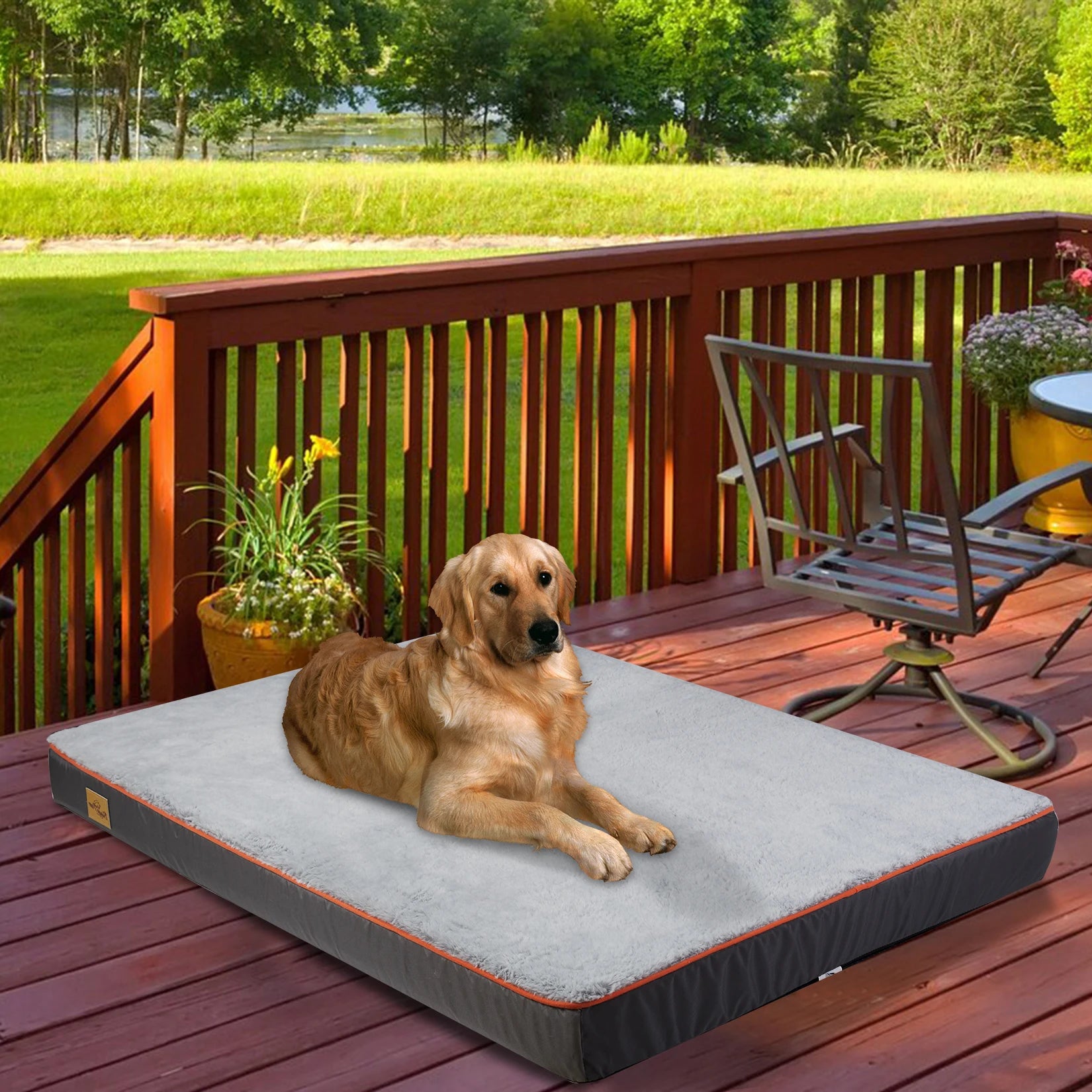 Loft Meridian XXL orthopedic dog mattress on a deck with a retriever