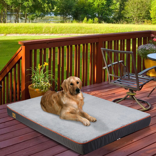Loft Meridian XXL orthopedic dog mattress on a deck with a retriever