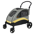 Loft Summit large dog stroller, three-quarter side view in grey and yellow