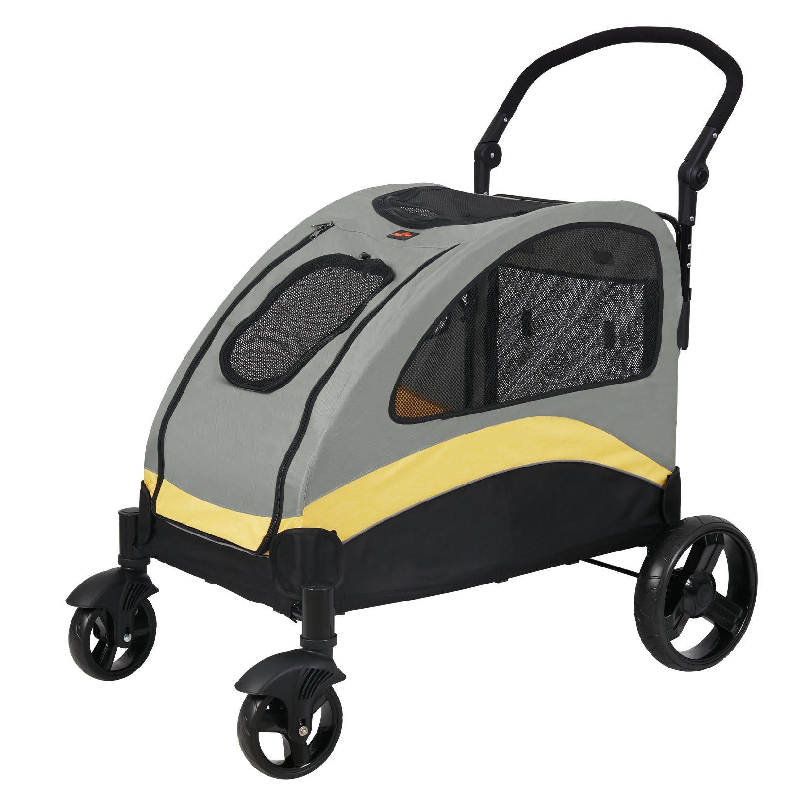 Loft Summit large dog stroller, three-quarter side view in grey and yellow
