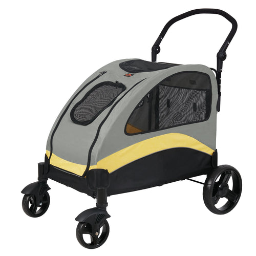 Loft Summit large dog stroller, three-quarter side view in grey and yellow