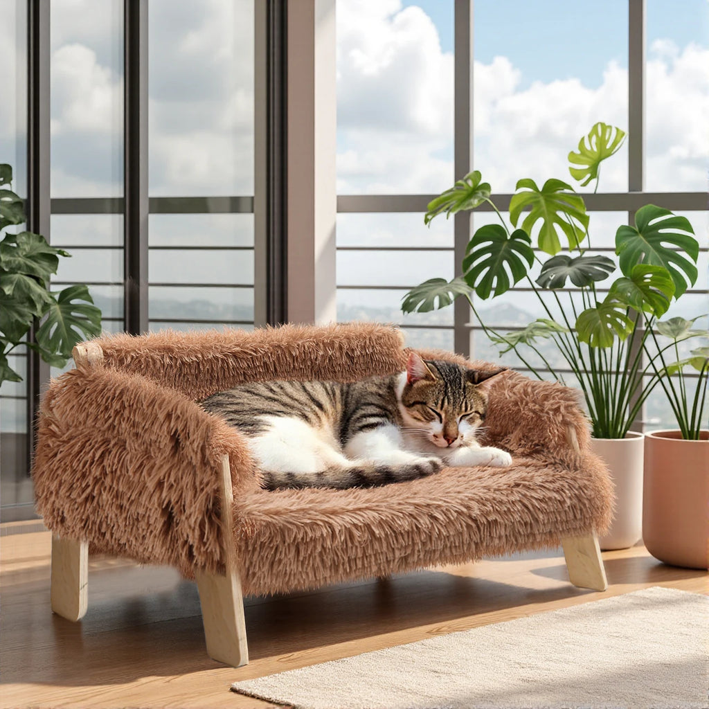 Loft Perch raised plush cat sofa bed with wooden legs