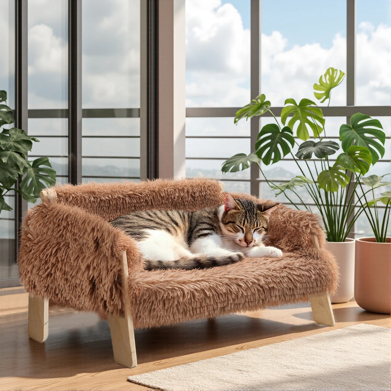Loft Perch raised plush cat sofa bed with wooden legs