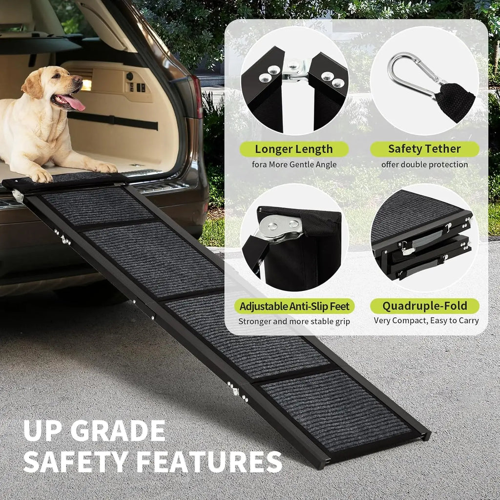 Safety features: longer length for a gentler angle, safety tether, adjustable anti-slip feet, quadruple fold