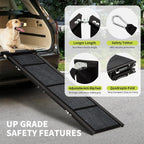 Safety features: longer length for a gentler angle, safety tether, adjustable anti-slip feet, quadruple fold