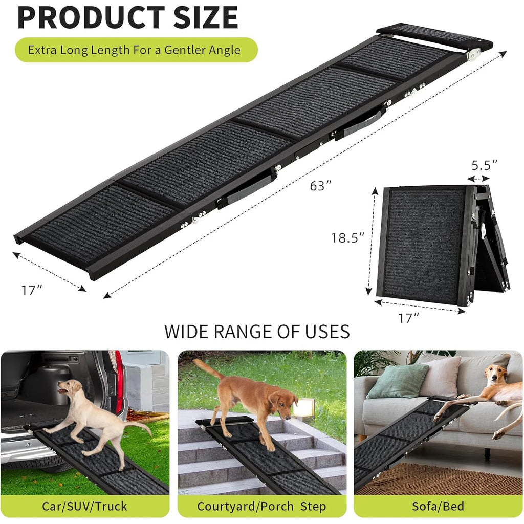 Product size diagram: 63 by 17 in open, folds to 18.5 by 17 by 5.5 in. Suits car, SUV, truck, porch step, sofa and bed