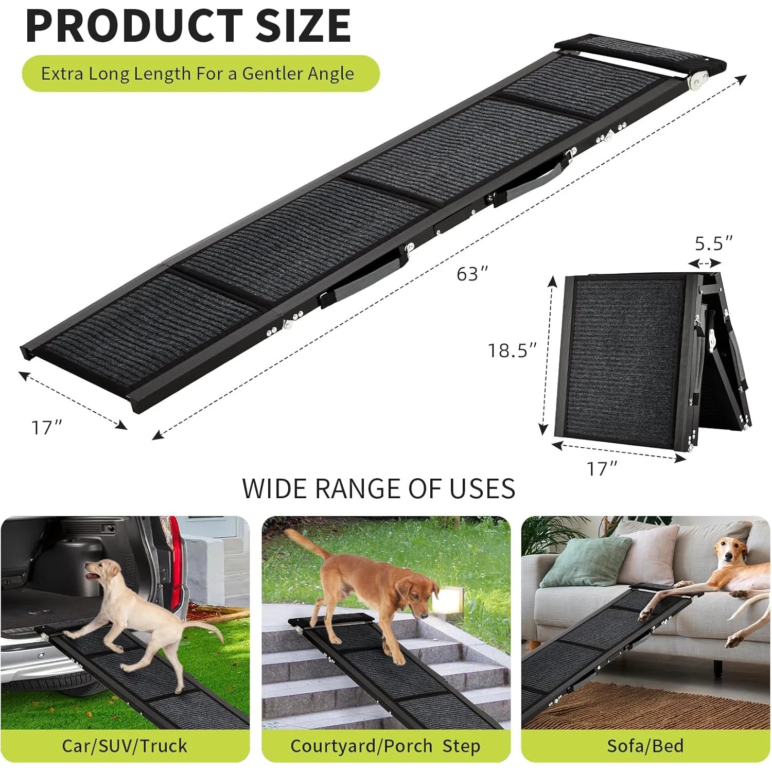 Product size diagram: 63 by 17 in open, folds to 18.5 by 17 by 5.5 in. Suits car, SUV, truck, porch step, sofa and bed