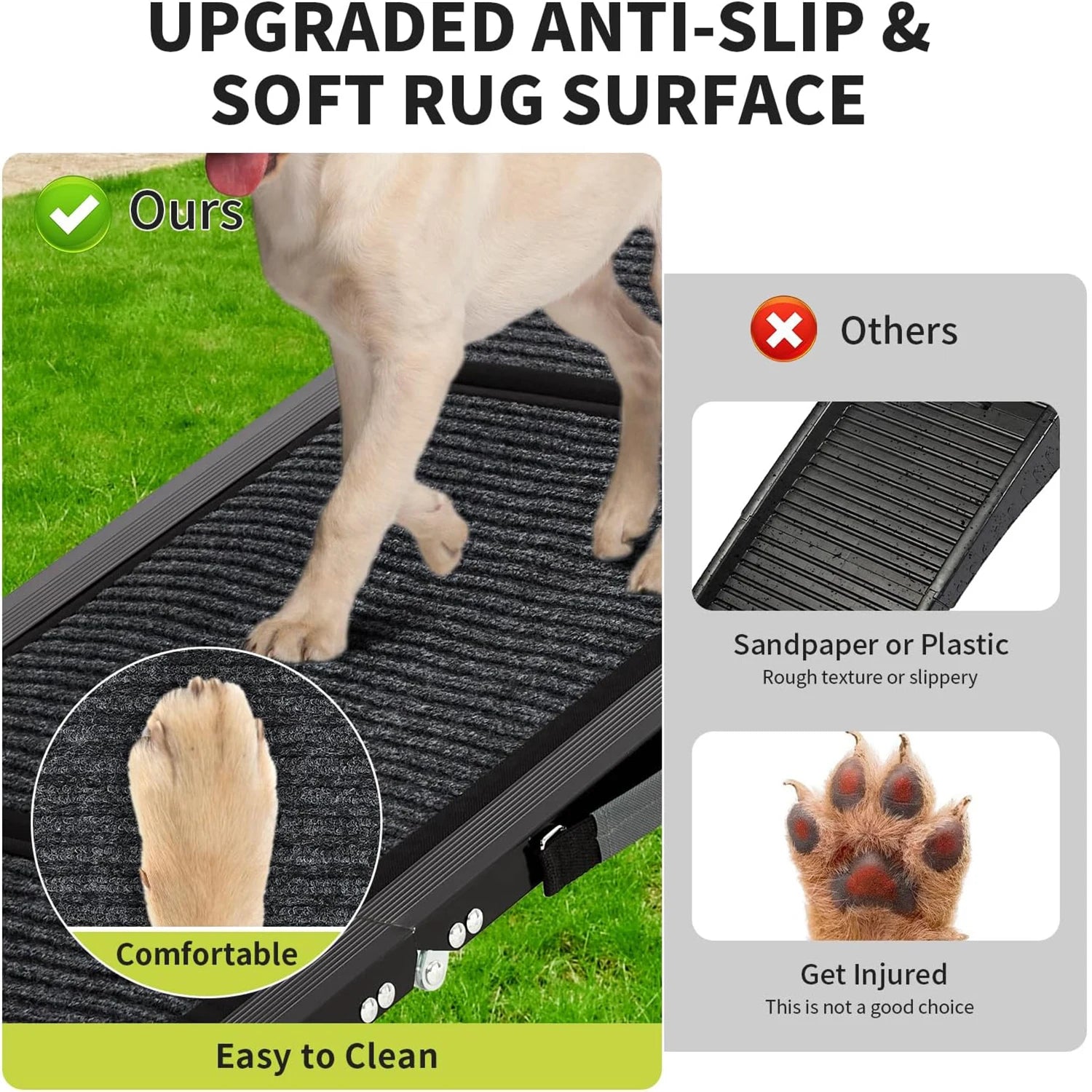 Soft rug walking surface compared with rough sandpaper and slippery plastic ramps