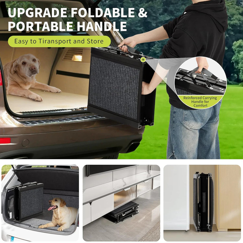 Reinforced carrying handle, ramp folds into a flat case for transport and storage
