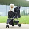 Small white dog sitting in the Loft Cruiser 3-wheel pet stroller outdoors