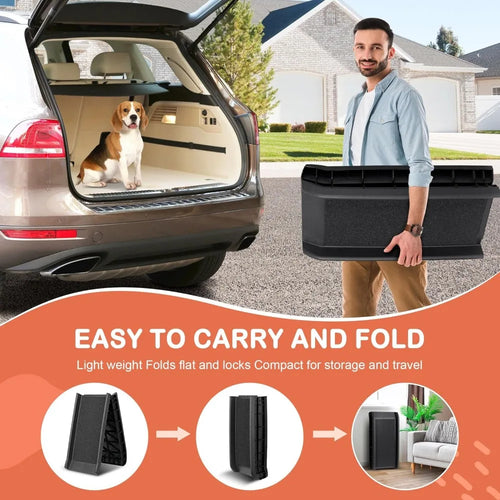 The dog ramp folds flat and locks compact for storage and travel