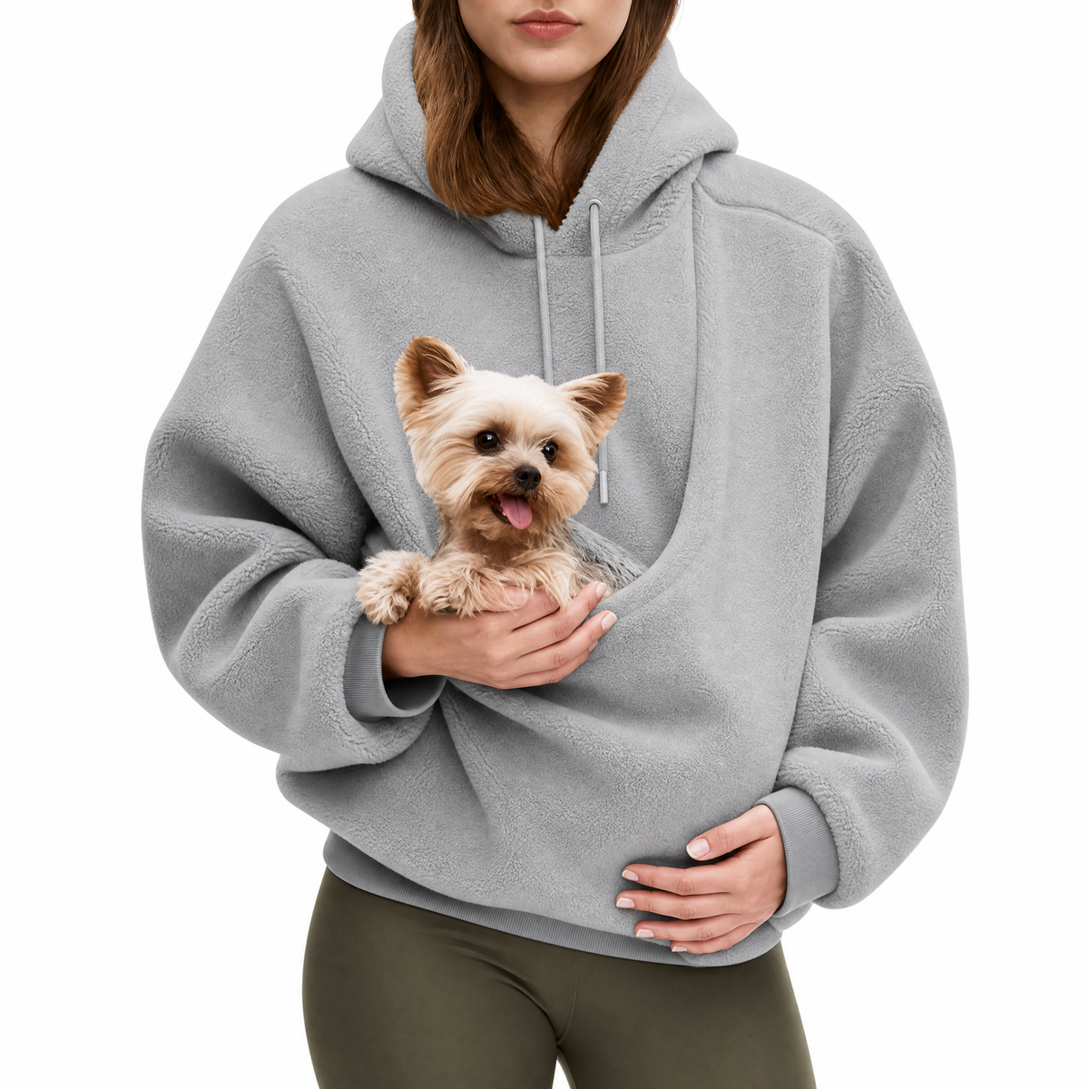 Dog Sling Carrier Hoodie for Small Dogs and Cats Wearable Sherpa-Lined Front Carry Pouch Hands-Free Pullover Sweatshirt Five Wearer Sizes