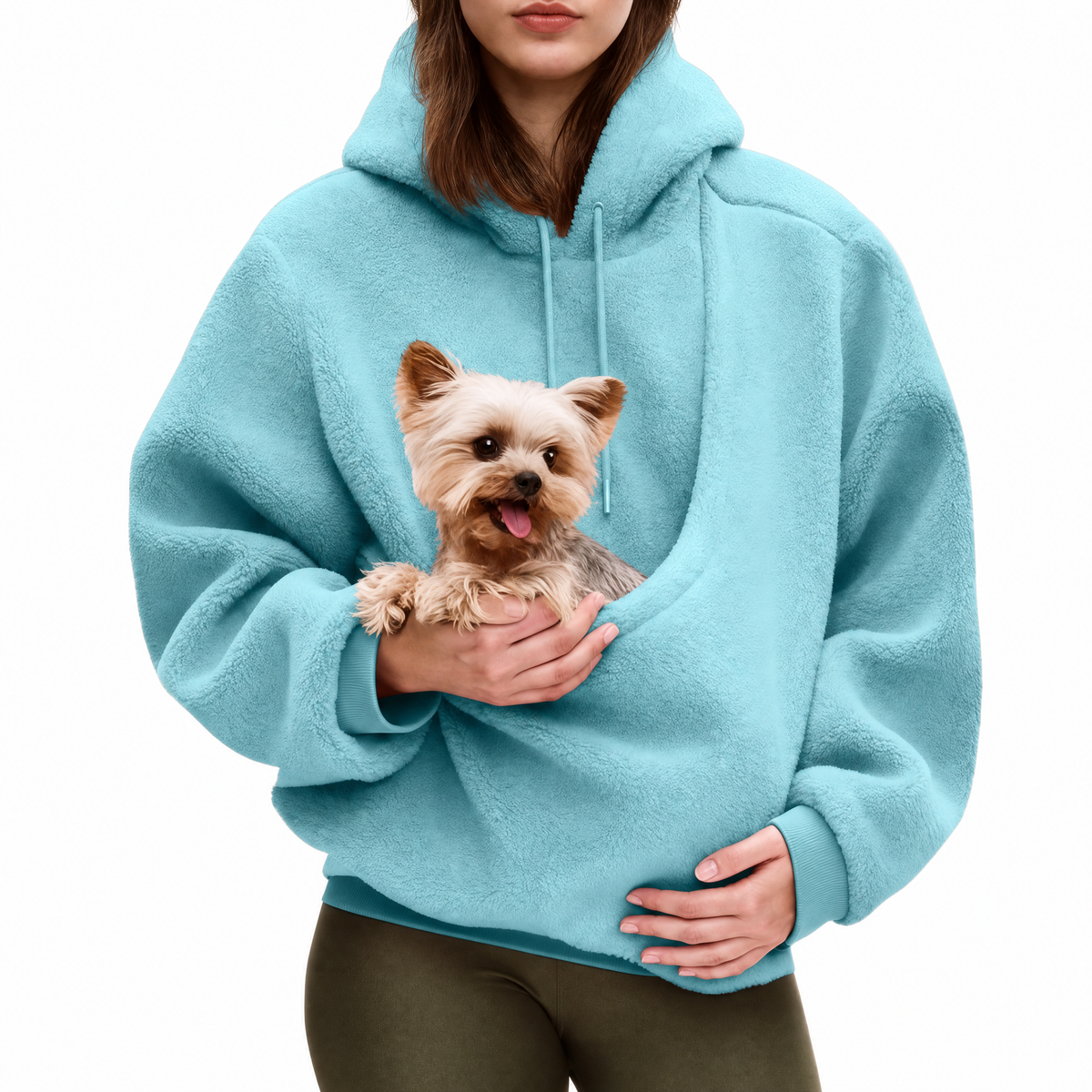 Dog Sling Carrier Hoodie for Small Dogs and Cats Wearable Sherpa-Lined Front Carry Pouch Hands-Free Pullover Sweatshirt Five Wearer Sizes